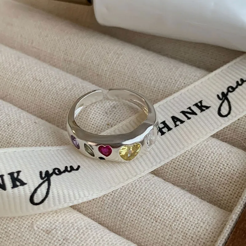 925 Sterling Silber Einfache Bunte Herz Stein Ringe Für Frauen Geometrische Mode Einfache Offene Handgemachte Allergie Party Schmuck Geschenk