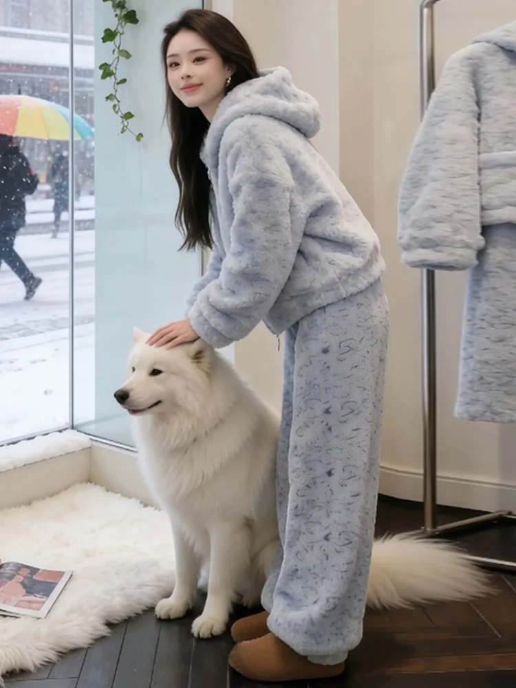 

Зимний повседневный шикарный женский комплект: утепленная куртка с капюшоном и брюки с высокой талией и широкими штанинами, теплый флисовый костюм-двойка.