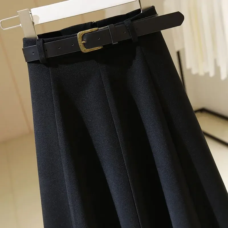 ใหม่ High End Midi กระโปรงผู้หญิงฤดูใบไม้ผลิฤดูใบไม้ร่วงแฟชั่น Slim High เอวสีทึบ Elegant Office Lady Woolen กระโปรงกับเข็มขัด