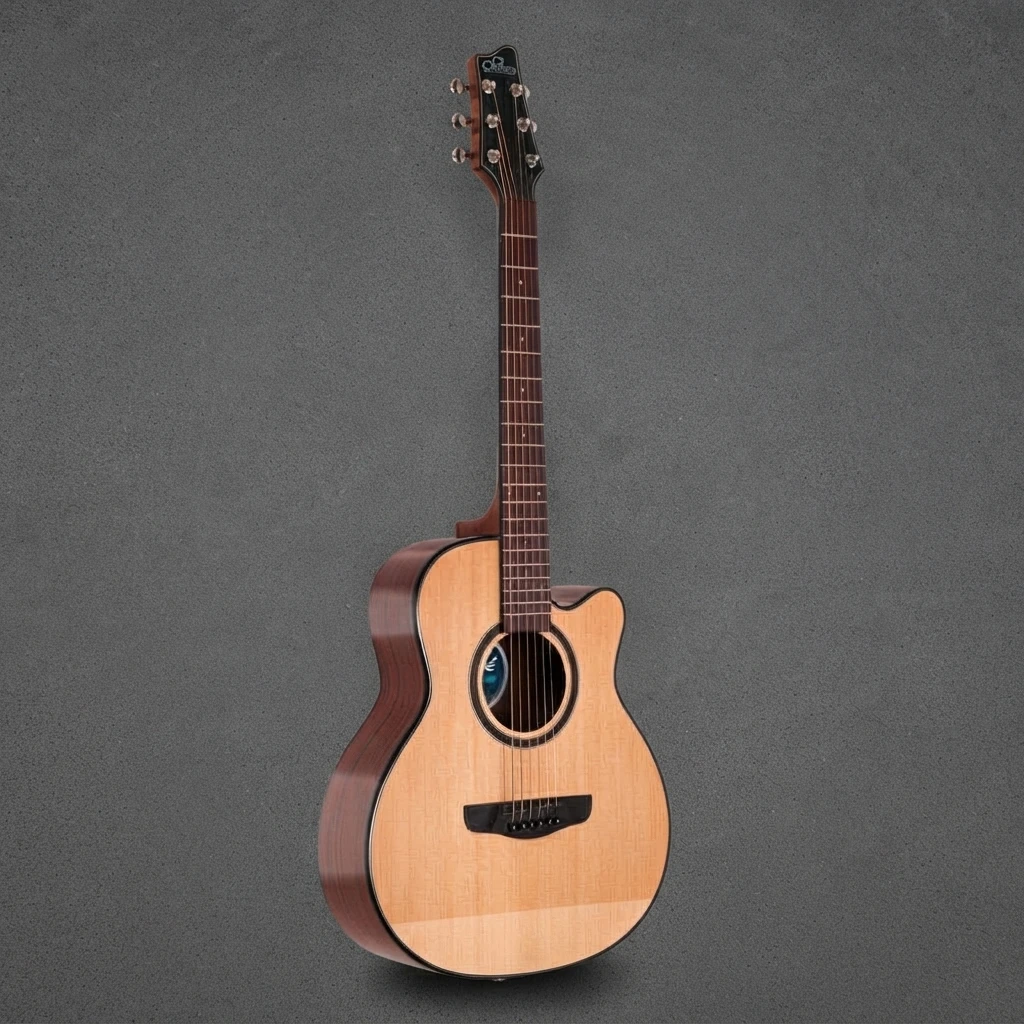 Solid Top Cutaway Guitar, Folk Acoustic Style, Dark Back, Dark Fretboard, Gloss Finish, Chrome Tuners, 6 Strings for Practice