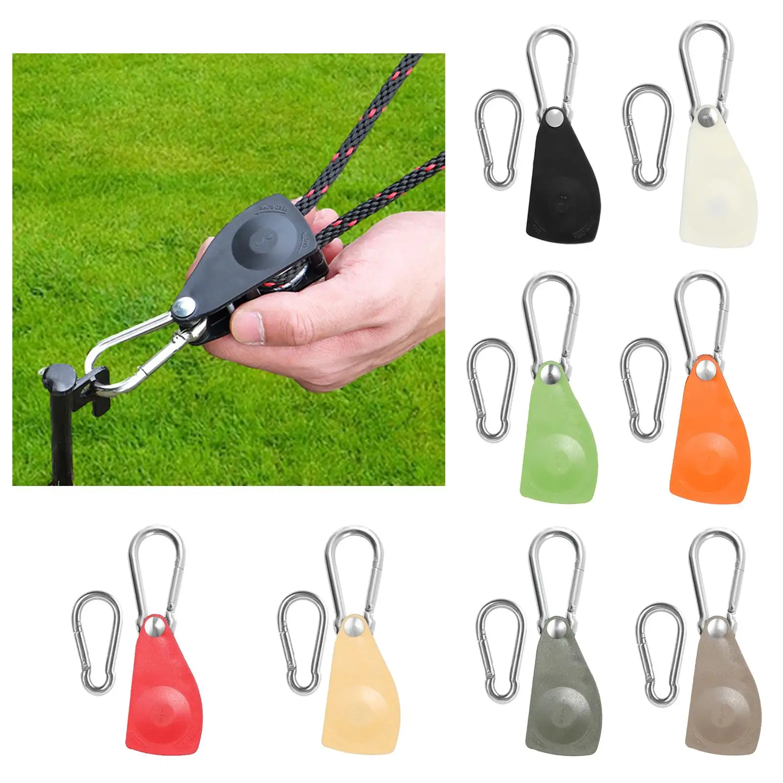 Rope Tightener Ratchet Tie Down 1/4 Rope Pulley Heavy Duty with Carabiner Hooks