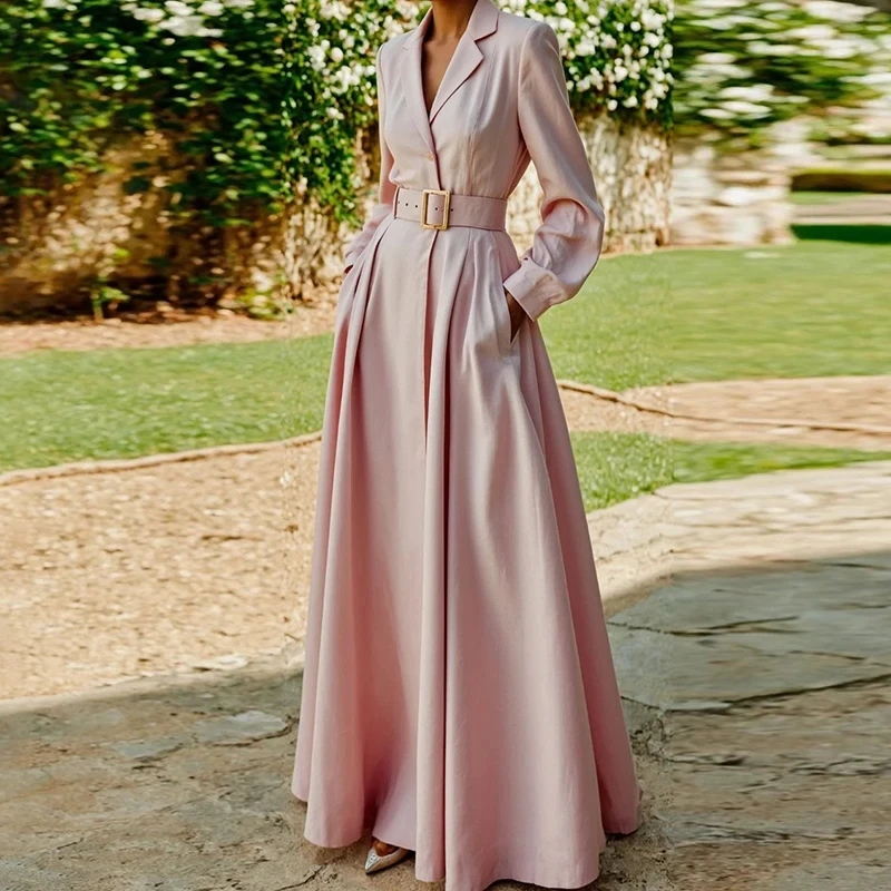 

Elegant Lady Pocket Temperament Maxi Dress Fashion Lapel Long Sleeve Commute Dress Spring Summer New Pure Color High Waist Dress