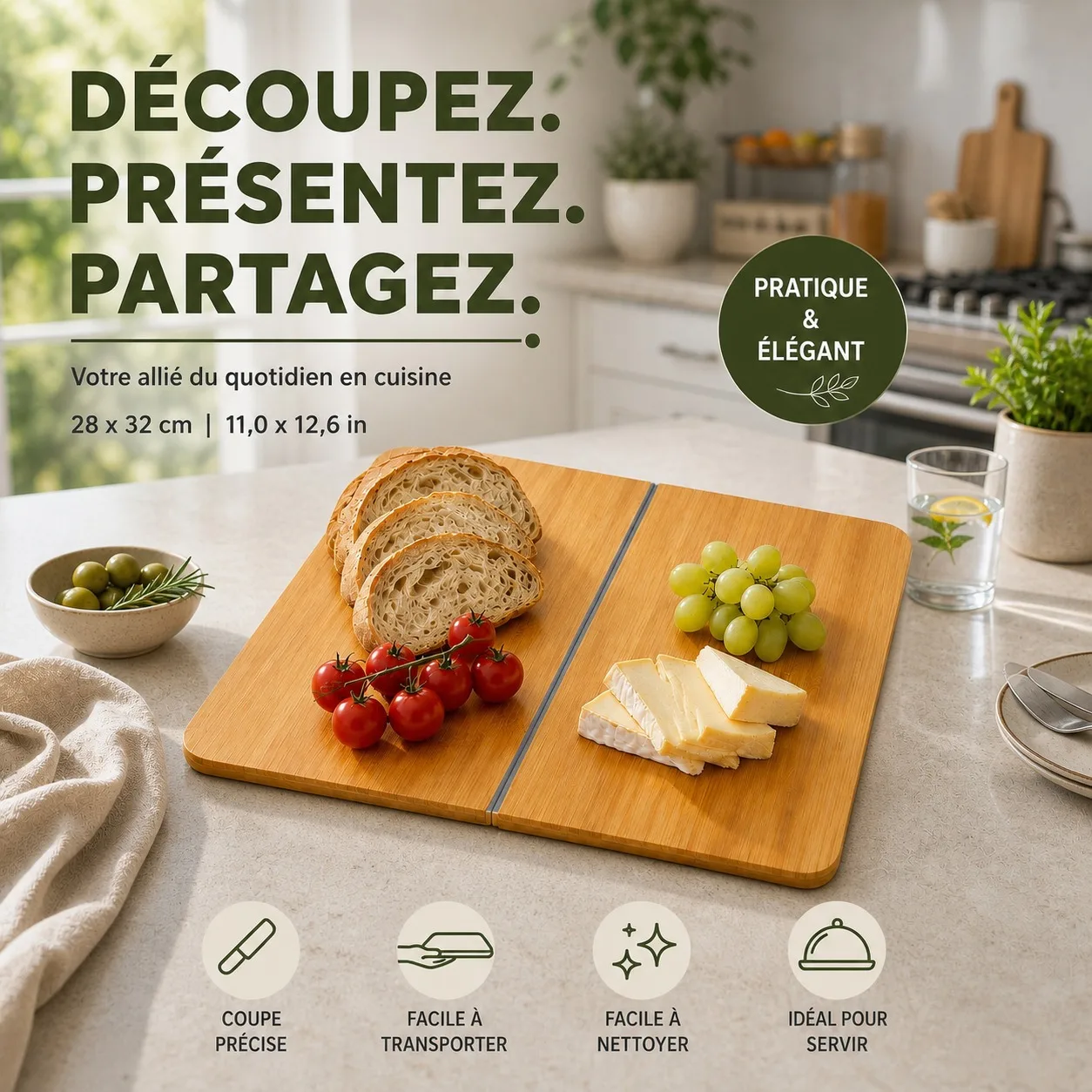 Planche à Découper Pliable en Bambou Naturel 32x28cm, Plateau de Service de Cuisine avec Charnière Silicone, Planche de Préparation Compacte pour Légumes, Fruits et Fromages