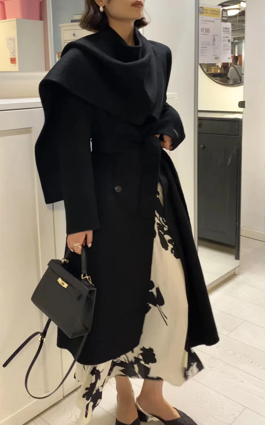 Winter women's casual solid color scarf, double-sided 100% wool coat, double breasted light luxury long jacket