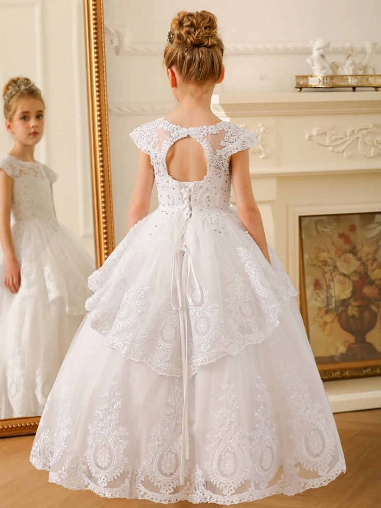 Flower Girl Dresses White Tulle Lace Flory Appliques Sleeveless For Wedding Birthday Party Banquet Holy Communion Gowns