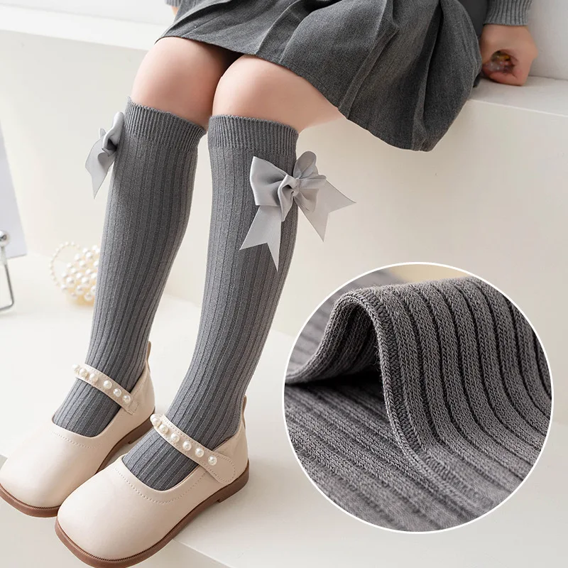 Toddler Girls Vertical Rib Cotton Knee High Socks Cute Big Bow Decor Lolita Long Stockings Student Uniform Daily Wear Socks