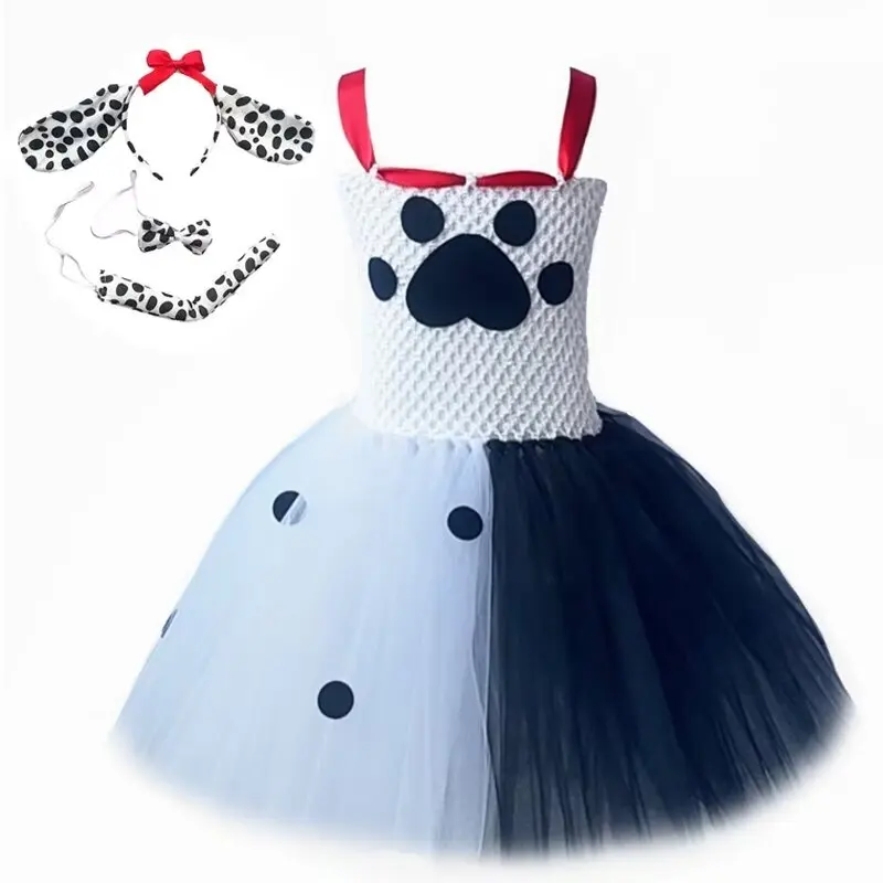 White Black Dalmatians Dog Tutu Dress for Baby Girl Cruella Villain Halloween Costumes for Kids Toddler Puppy Outfit Clothes Set