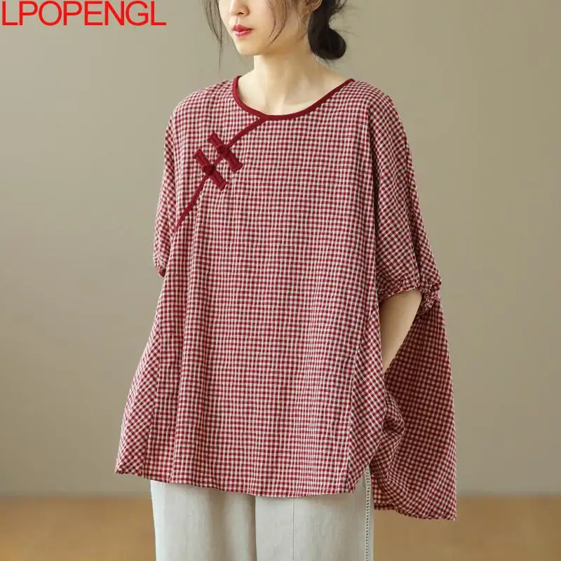 Woman Fashion Ethnic Style 2023 Summer Retro Buckle Cotton Linen Pullover Lantern Sleeve Plaid O-neck Vintage Oversized Shirt