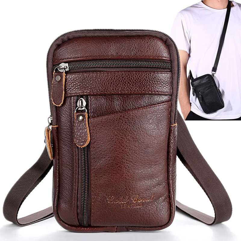 Men's Genuine Leather Waist Packs Bolsas Phone Pouch Bags Men Handbag Bag Small Chest Shoulder Belt Bag Crossbody Leather Bags