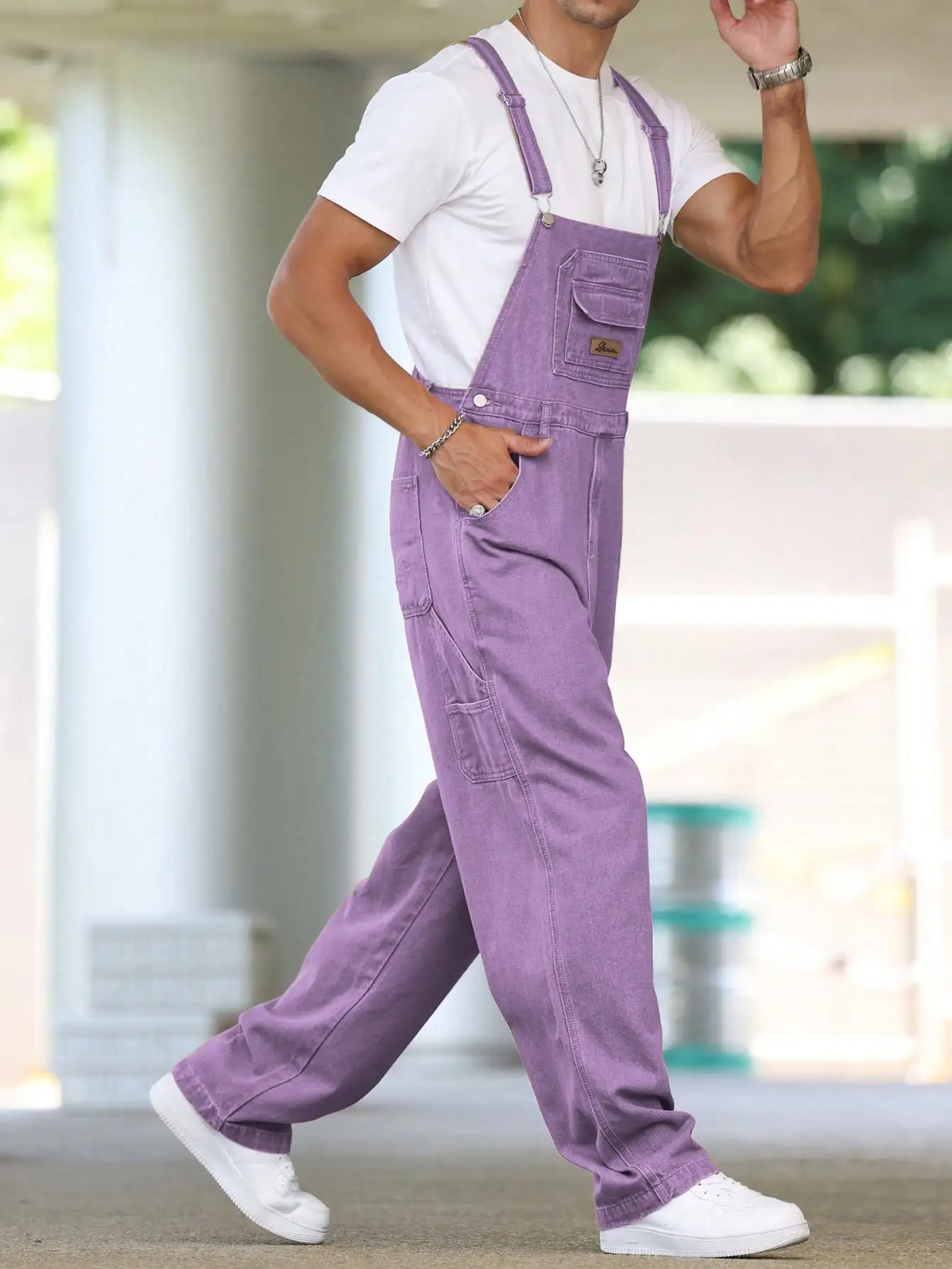 ملابس رجالية فضفاضة من قماش الدنيم باللون الأرجواني للفصول الأربعة، سراويل بحمالات كاجوال يوميًا في الشارع #3