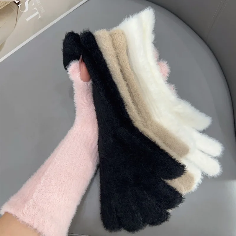 Women Plush Long Five Finger Gloves Mink Velvet Winter Coldproof Elastic Soft Full Fingers Mitten Solid Color Fashion Glove Gift