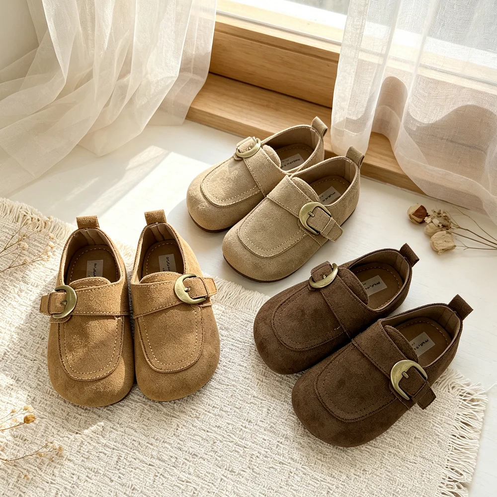 Toddler Boys Girls Suede Leather Shoes 2026 New Autumn Buckle Strap Moccasins Non-slip Classic Retro Style School Party Dress Up