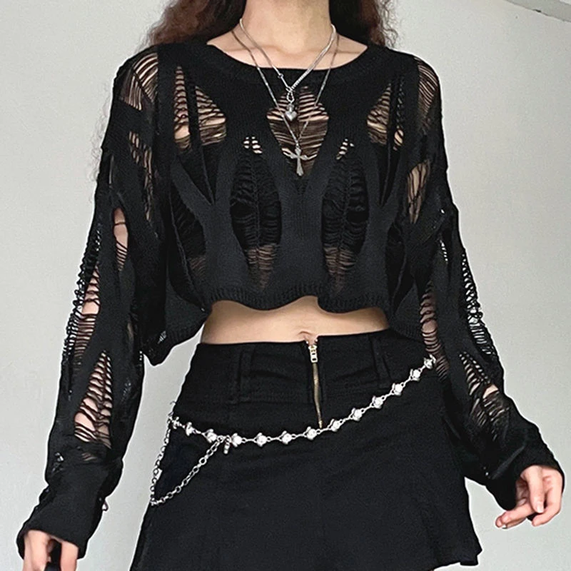 Black Knitted Smock Women Fashion High Street Hollow Irregular Harajuku Y2K Pullover Chic Gothic Style Long Sleeve Dances Tops