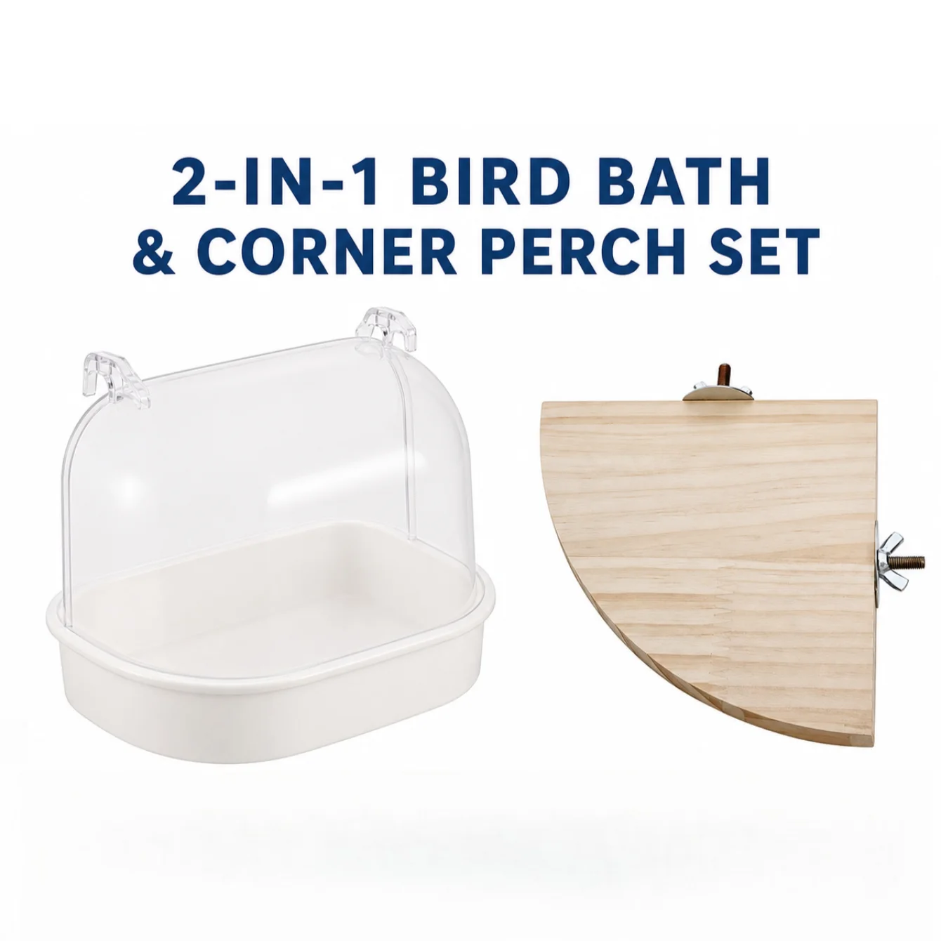 Covered Bird Bath & Wooden Corner Perch Set, Hanging Cage Bathtub Platform for Budgies Parakeets Lovebirds Finches