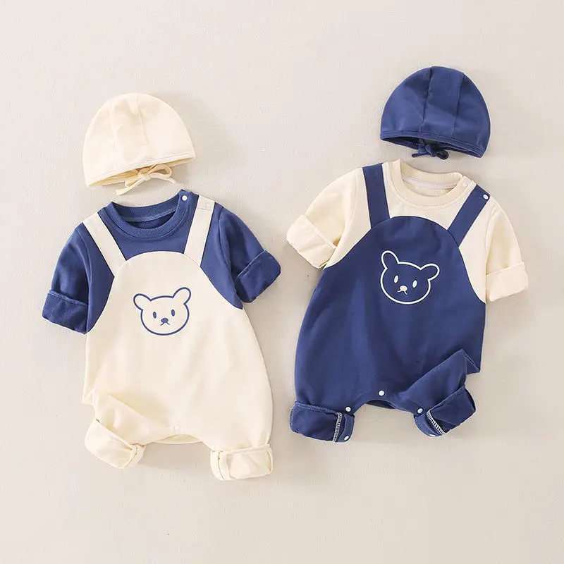 Baju bayi baru lahir, Jumpsuit Super lucu, warna kontras suspender dan tudung luar ruangan dengan topi musim gugur