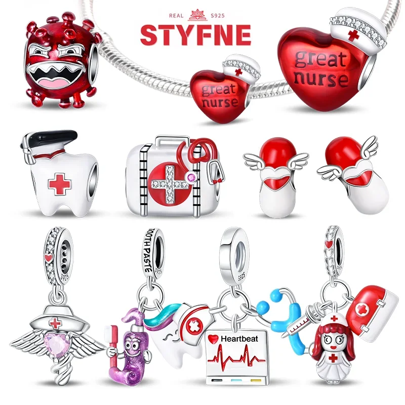 

Silver 925 Great Nurse Cap Heart Charms Tooth Medical Series Heart Beads Fit Original Bracelets DIY Fine Gift for Women