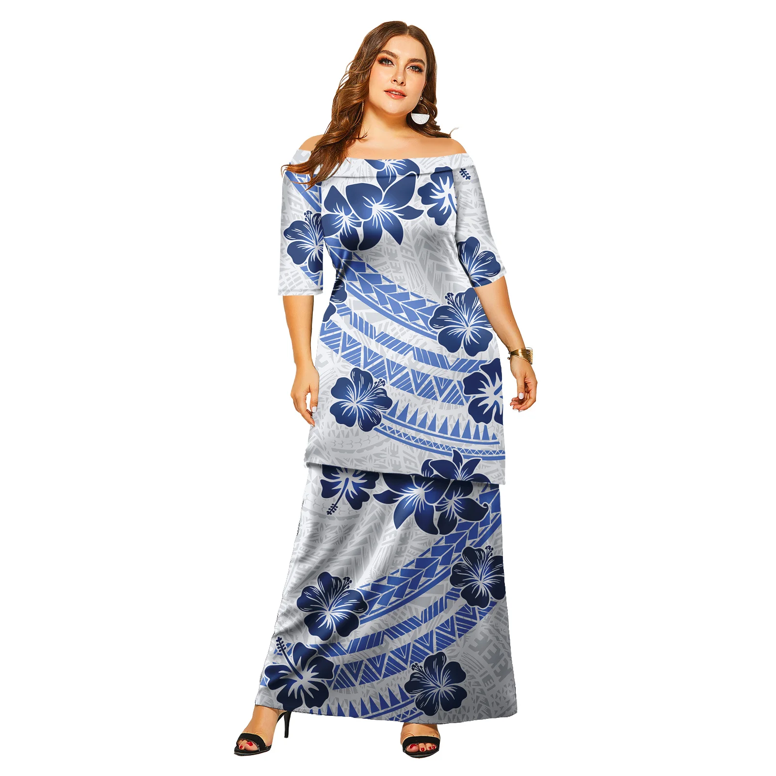 

Одежда с принтом гибискуса на заказ, женские гавайские платья для выпускного вечера, полинезийское женское элегантное платье Samoan Lady Puletasi, комплект из 2 предметов