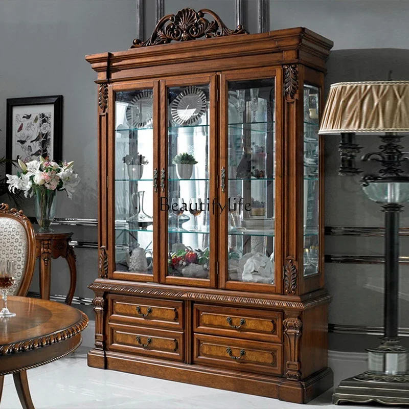 

02American solid wood three-door wine cabinet, living room against the wall glass door display locker