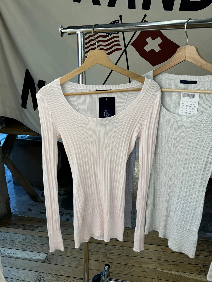 حفرة مخطط محبوك الوردي سليم طويل تي شيرت المرأة الجديدة مضلع U طوق كم طويل البلوز ملابس الشارع الشهير بسيط الحلو تيز القمم