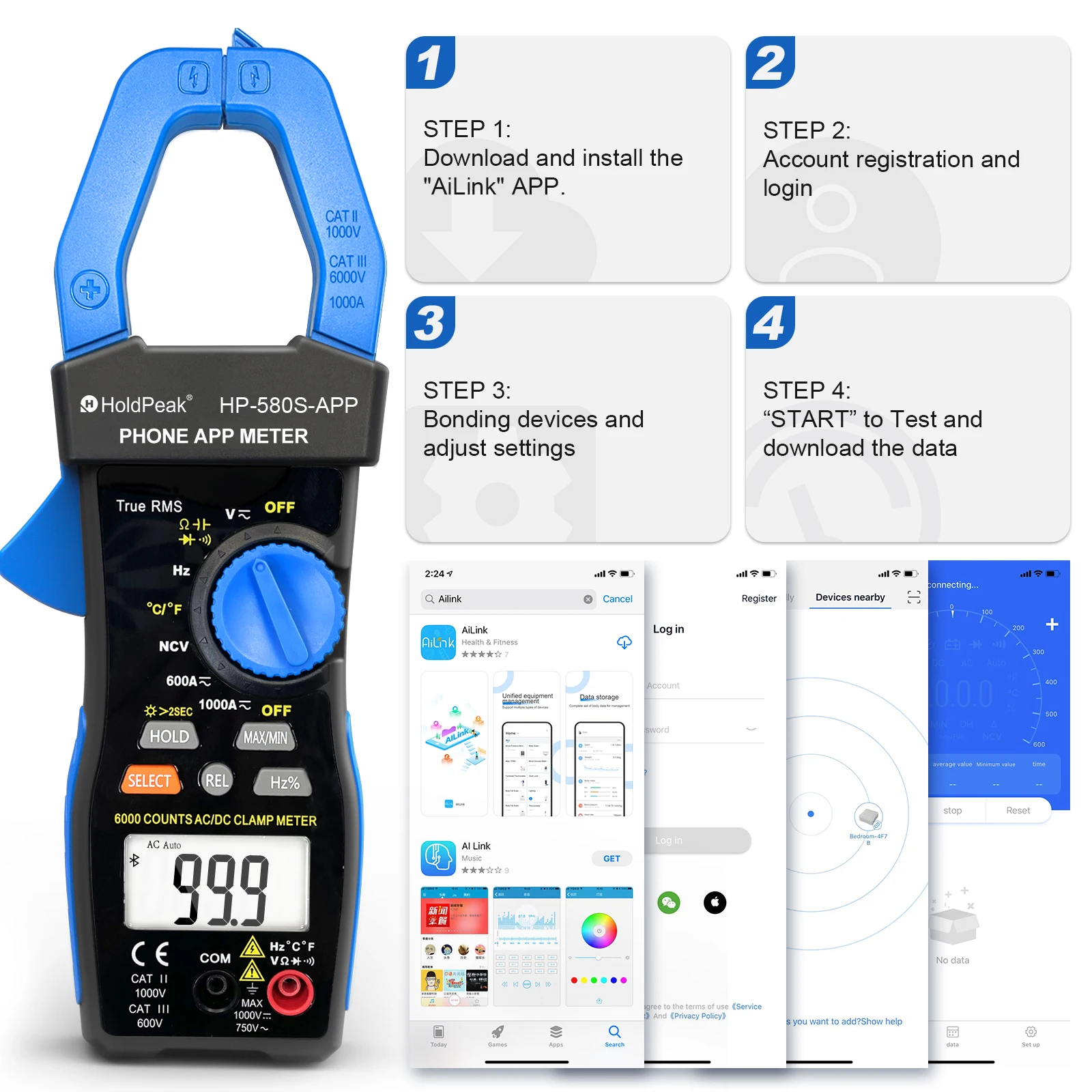 Intelligent Clamp Meter Bluetooth APP 6000 Counts Multimeter Auto-Ranging AC/DC Tester with NCV Diode Hz Data Record Hold