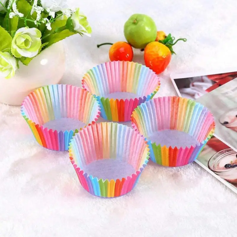 100pcs Cupcake Paper Cups Baking Molds Rainbow Liner Cupcake Muffin Cases Paper Cake Wedding Party Decorating Cupcake Cases