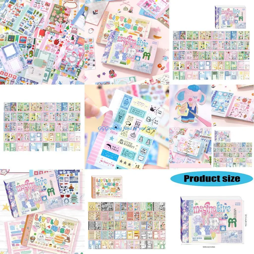 H9EB Cartoon Aesthetic Sticker 30Sheets/Pad Scrapbooking Sticker for Journal Notebook Planner Scrapbooking Embellishments