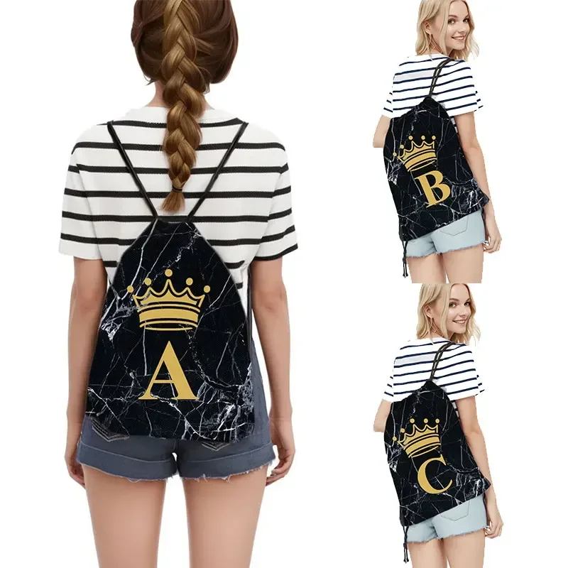 

Letter Monogram Black Marble Crown Pattern Backpack Women Crown Letter A Z Drawstring Bags Travel Bridesmaid Bridal Party Bag