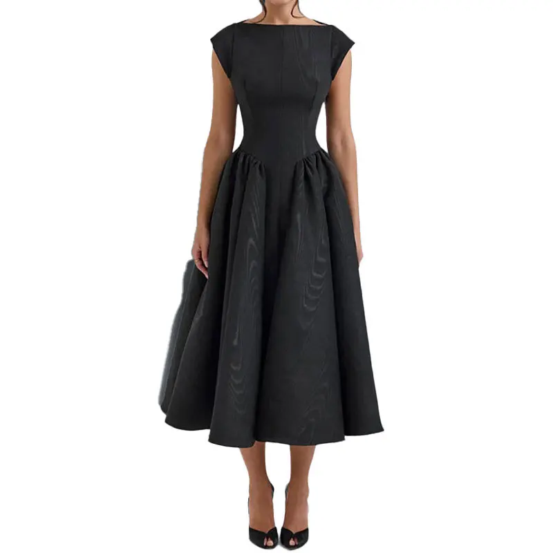 Frühling europäische und amerikanische Damenbekleidung, elegantes, sexy, rückenfreies, modisches, schmal geschnittenes, ärmelloses, einfarbiges Kleid mit Rundhalsausschnitt