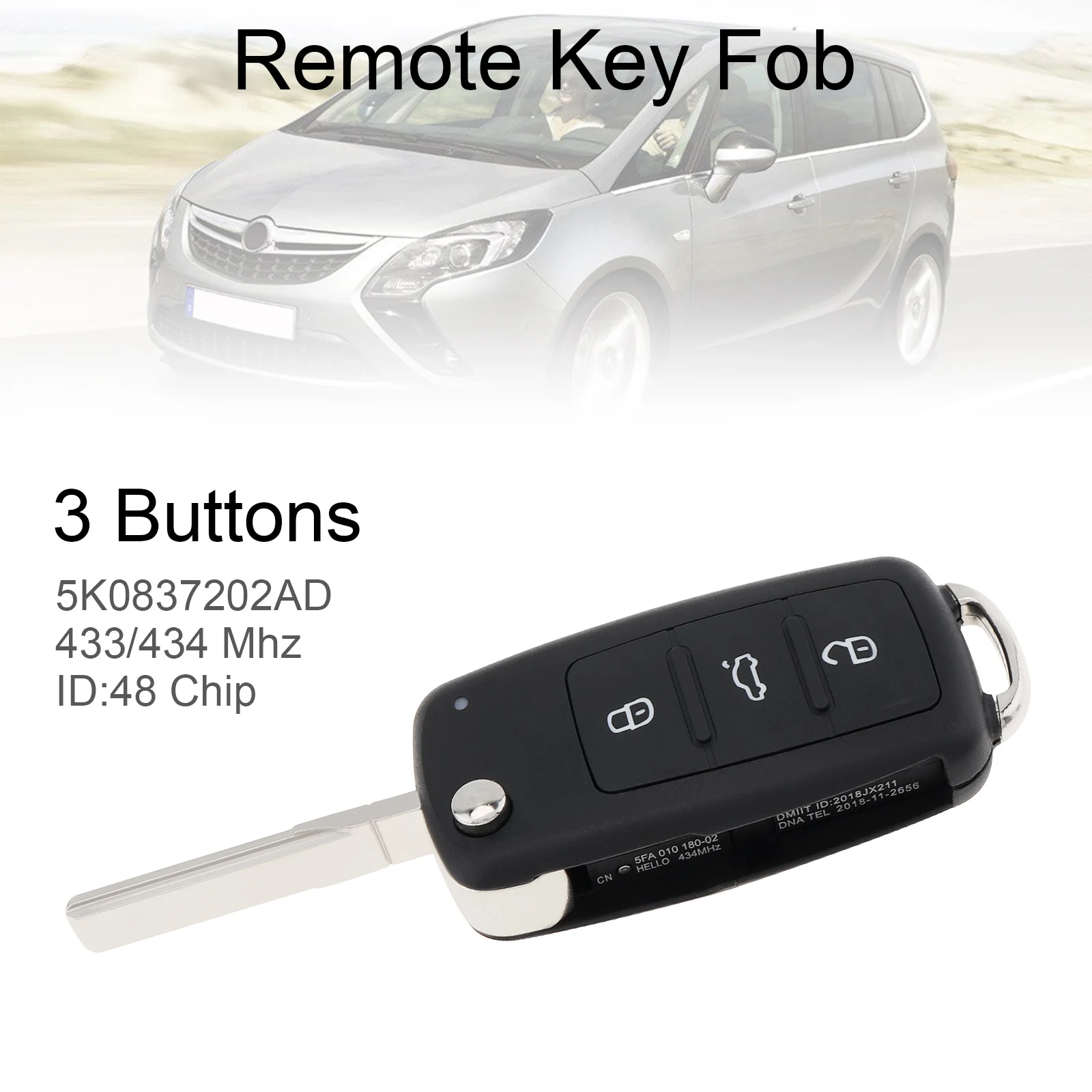 434MHz 3 Buttons Keyless Uncut Flip Smart Remote Key Fob with ID48 Chip 3C0959752BA Fit for Volkswagen Passat B6 3C B7 Golf