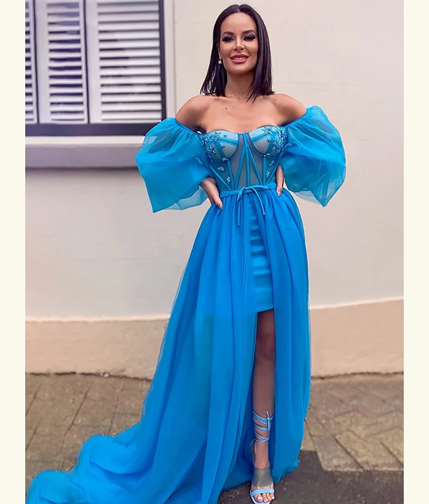 

Customized Exquisite Organza A-Line Off the Shoulder Crystal 3D Bow Evening Dress Sexy Sweetheart Long Sleeves After Party Dress