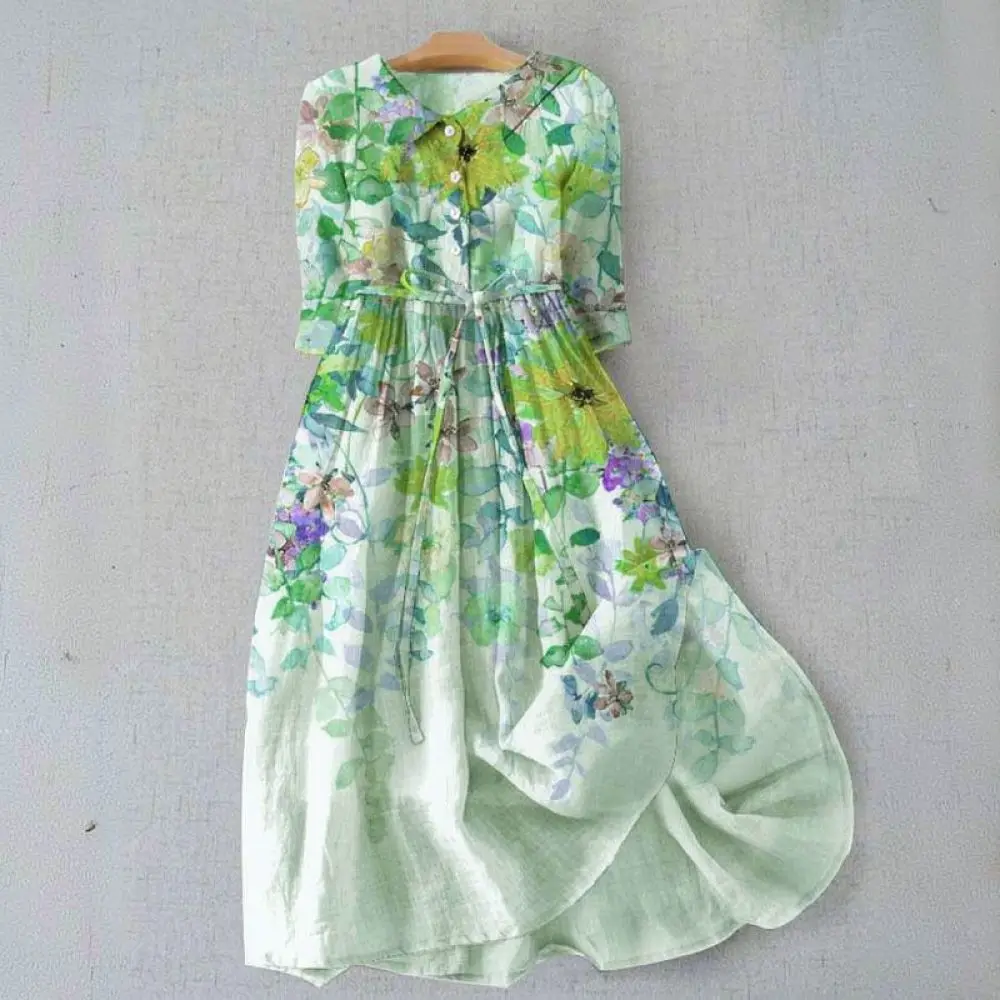 Bohemian Floral Print Shirt Dress Women Summer Casual Maxi Gowns Short Sleeve Loose Fit Beach Holiday Dresses