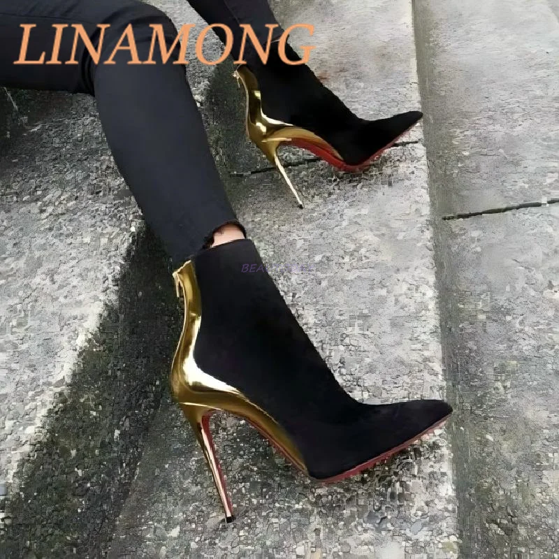 

Black Gold Patent Leather Color Blocked Short Boots Suede Toe and Pointed Back Zipper Design Slim High-Heeled Temperament Boots