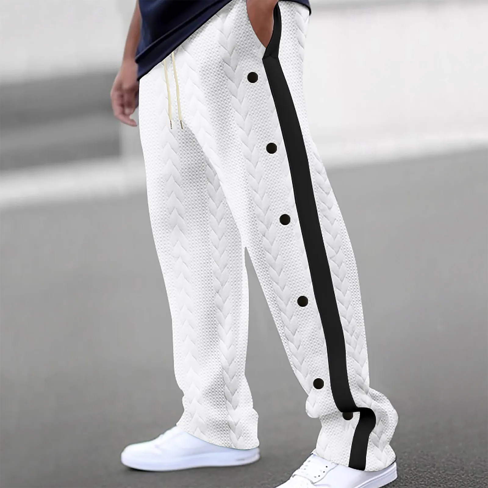 Men'S Knitted Jacquard Casual Long Pants Drop Color Matching Button Loose Wide Leg Pants Drawstring Lace-Up Fashion Casual Pants