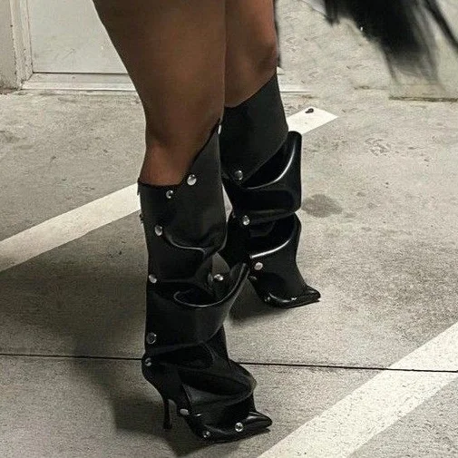 Removable Button Stiletto Cowboy Boots Brown Pointed Toe Sewing Thread High Heel Boots Two Wear Pleated Pile Up Knee High Boots