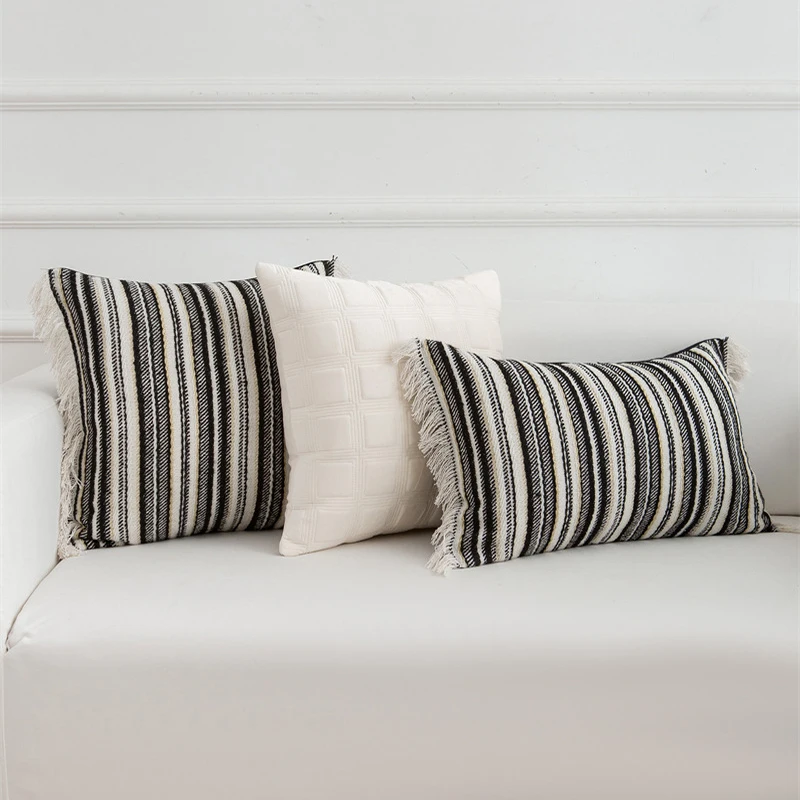 Modern Light Luxury Cushion Cover Geometric Striped Fringe Pillowcase Off White Quilted Texture High-end Pillow Cover Decorative