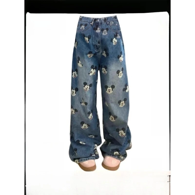 2026 New Women's Vintage American Style Mickey Blue Jeans Petite High Waist Straight Wide Leg Pants for Spring Summer