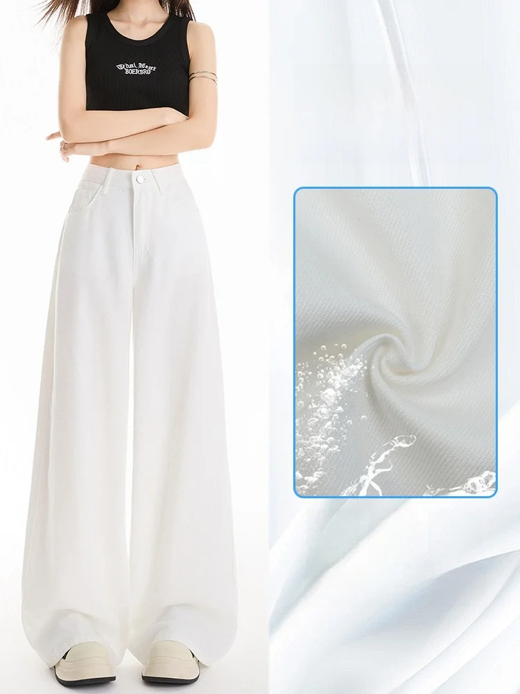 White Three-Proof Silk Thin Wide Leg Jeans Women's Summer New Loose Slim Straight Pants High Waist Denim Pants with Pockets
