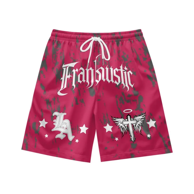 Simple English letter printed hip-hop casual personality loose and fashionable summer men's drawstring sports shorts in rose red