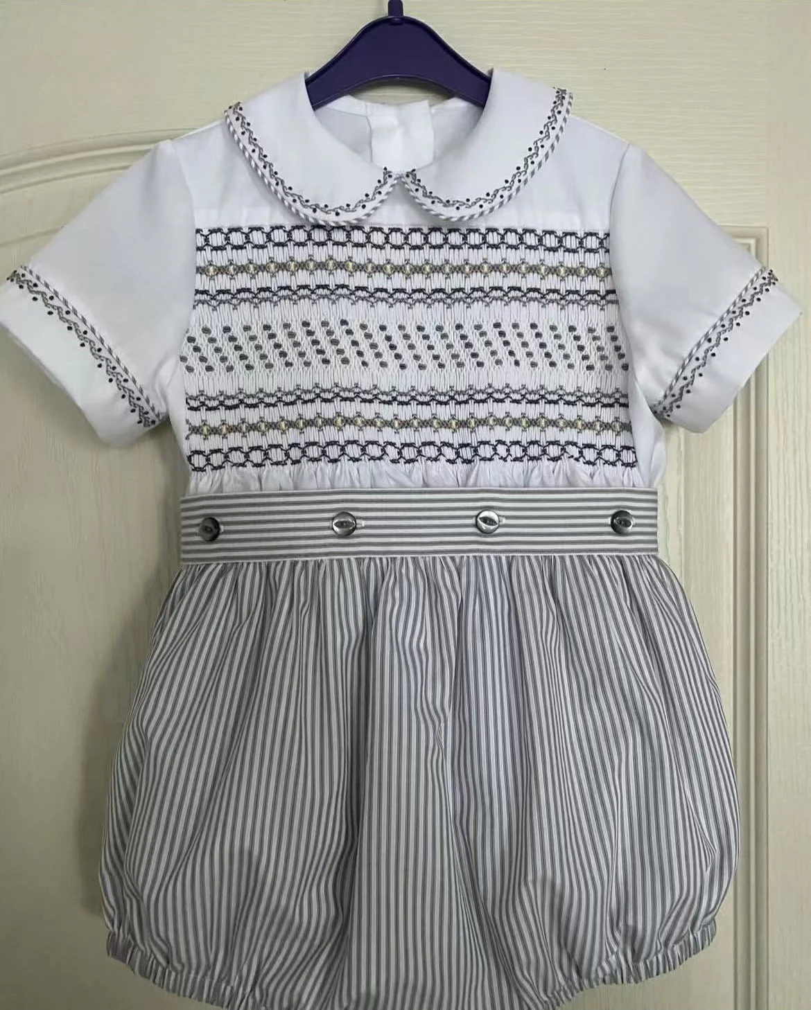 

0-6Y Baby Boy Summer Grey Handmade Embroidery Smocked Outfit Suit for Party Birthday Holiday