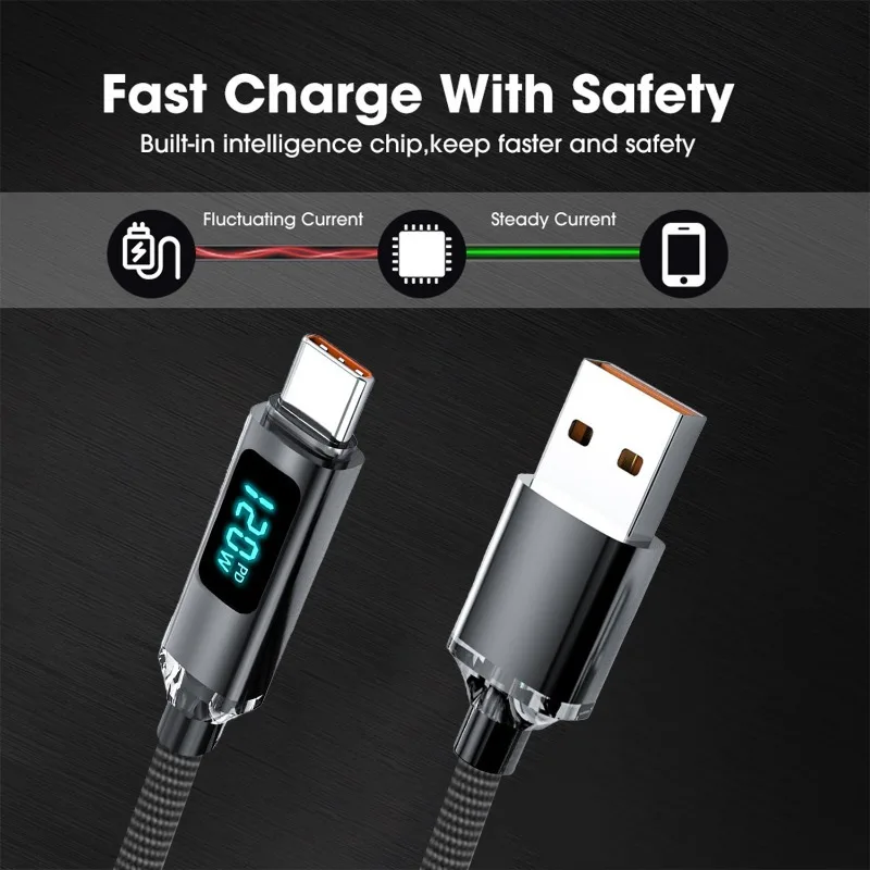 Sturdy Nylon Braided USB Type C Charger Cord 120W High-speed Charging Data Transfer Cables LED Digital Display USB C Wire
