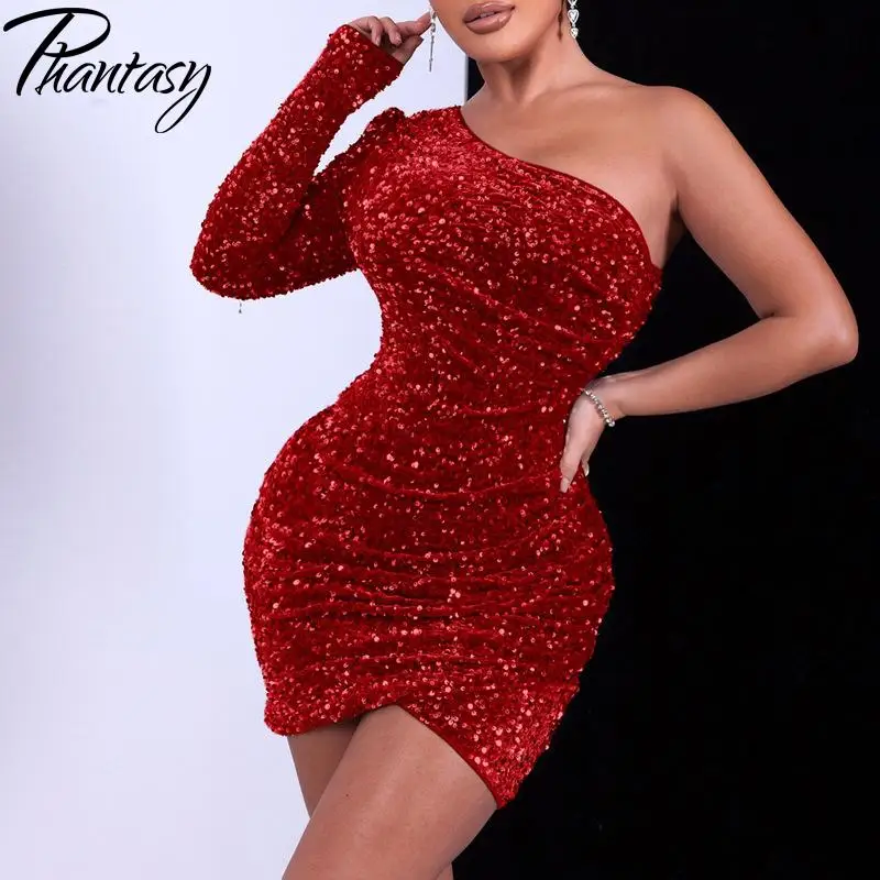 Summer Sexy Single Shoulder Luxury Glitter Sequins Party Birthday Nightclub Dress for Women One Shoulder Long Sleeve Prom Robe