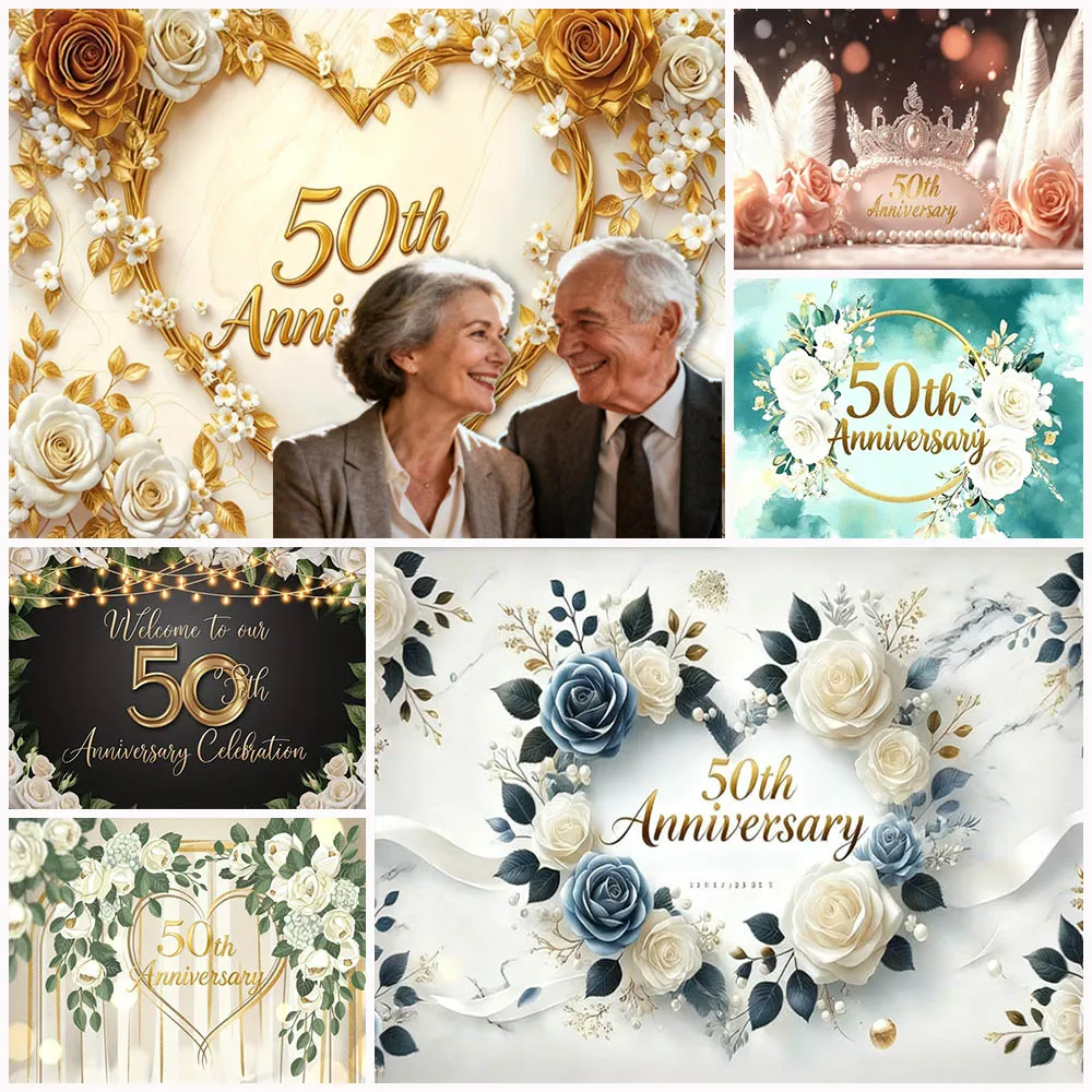 

Golden White Happy 50th Anniversary Celebration Background Banner Birthday Party Decoration Photography Backdrop Photo Prop Gift