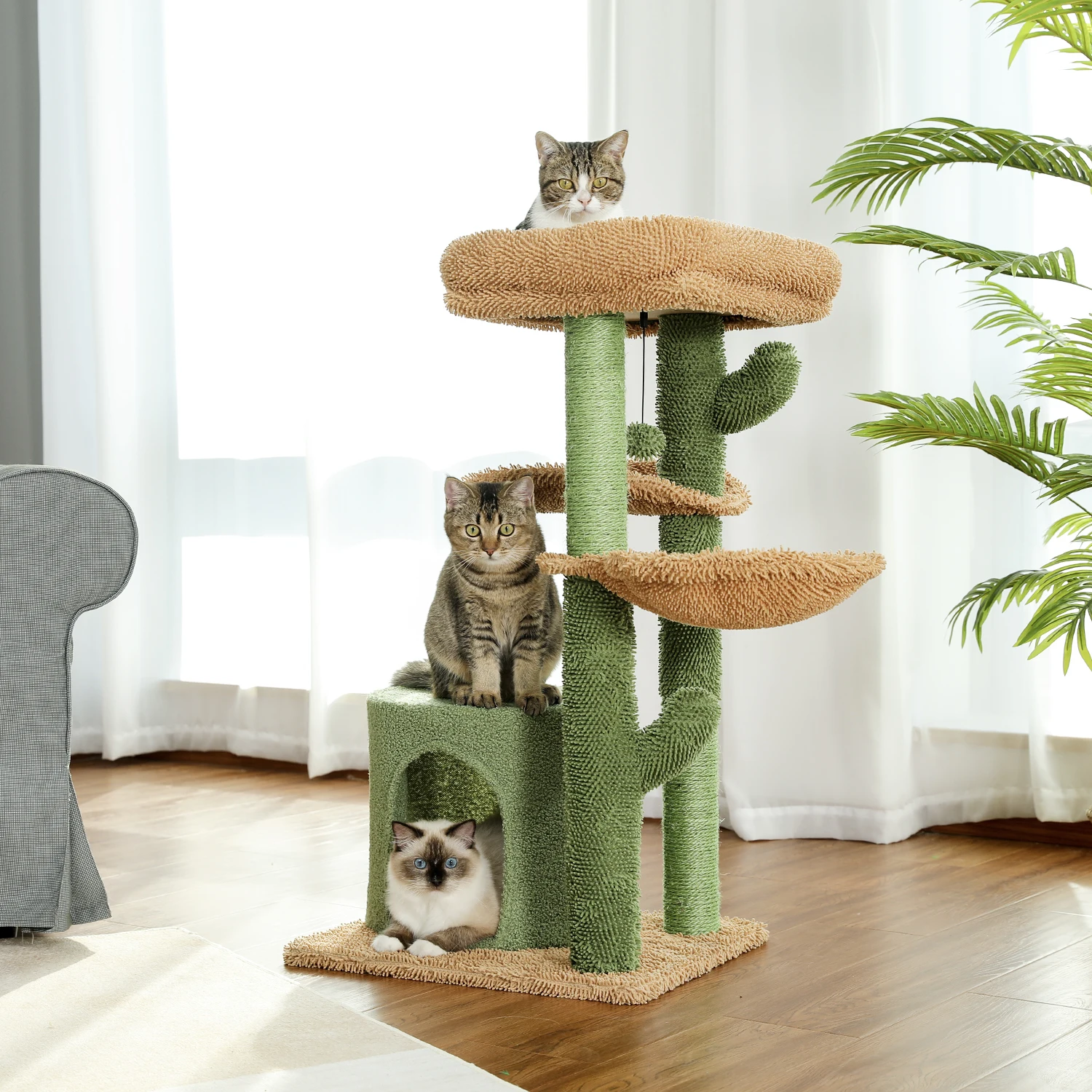 Kaktus-Kratzbaum-Katzenturm mit Korbliege, geräumige Eigentumswohnung, obere Sitzstangen, Kratzbaum aus natürlichem Sisal, Katzenmöbel, Katzenspielzeug