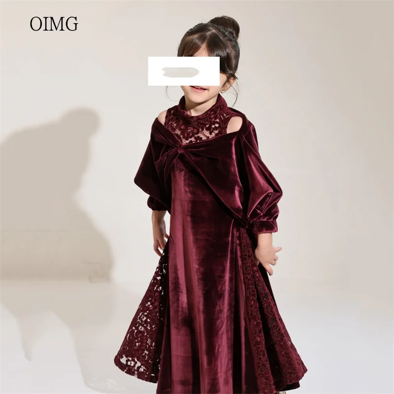 OIMG Burgundy Lace High Neck A Line Flower Girl Dresses Lantern Sleeves Bow Wedding Gown Floor Length Party Dress Customized