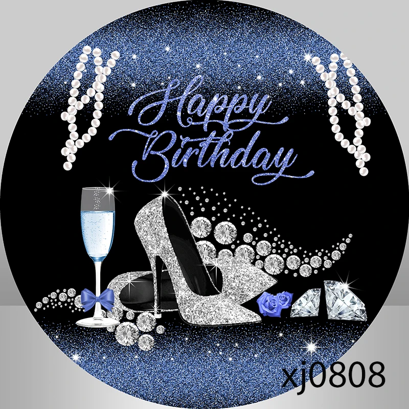 سيدة امرأة الكبار حفلة عيد ميلاد غطاء خلفية مستديرة أزرق داكن أسود بريق الماس الكعوب الشمبانيا دائرة الخلفية