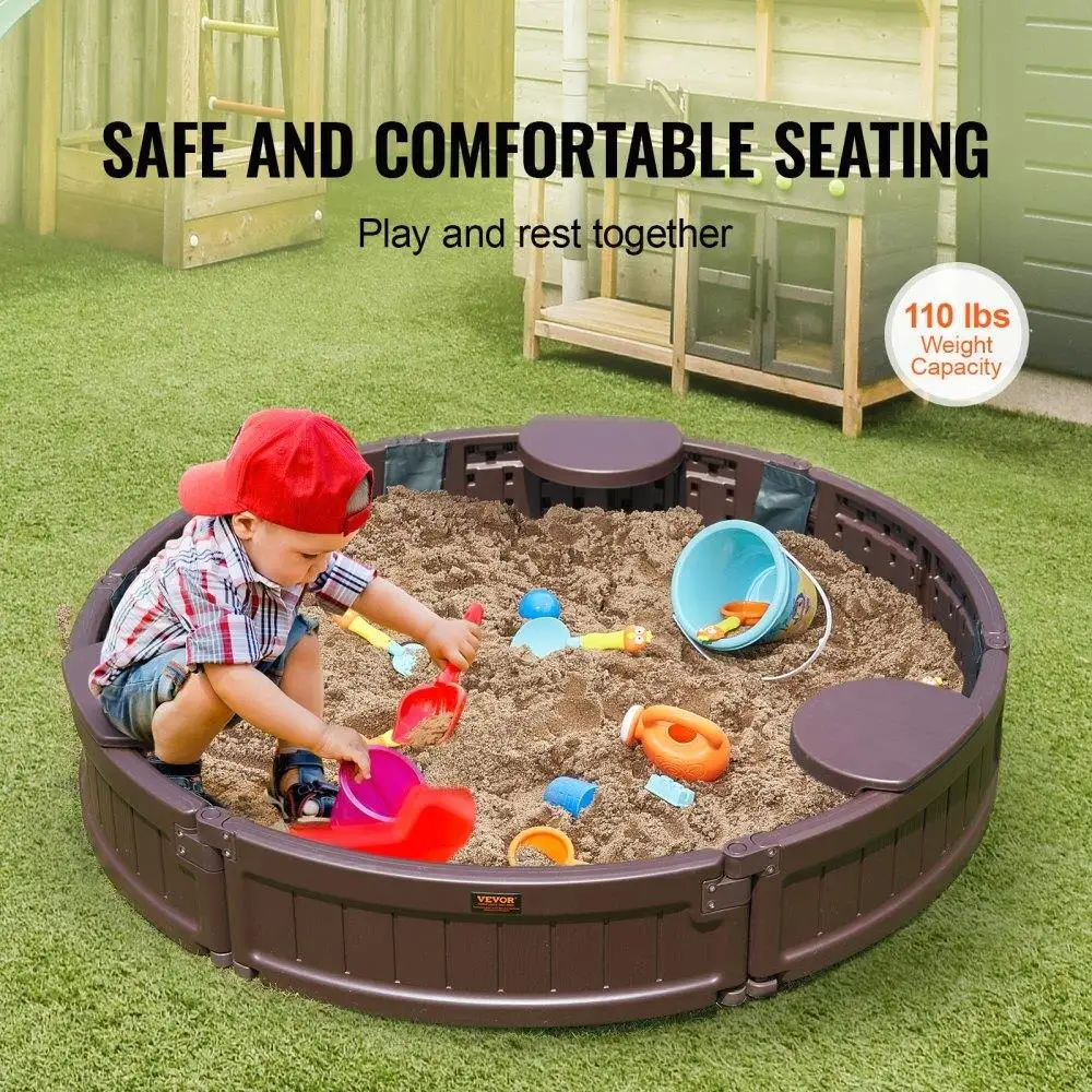 Sandbox with Cover 47.2x9.1in Round Sand Box HDPE Sand Pit 3 Corner Seating Bottom Liner Kids Sandbox for outdoor Backyard Beach