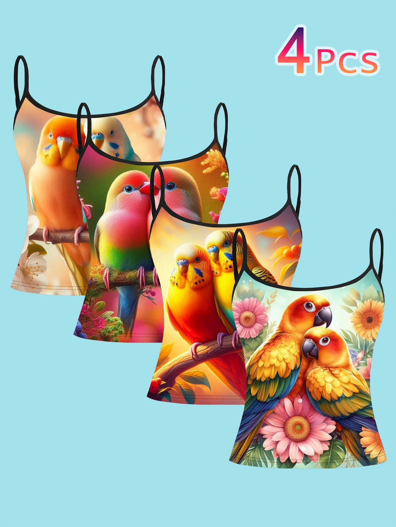 4-Piece Gradient Rainbow Lovebird Sling Set, Paired Cute Bird and Floral Background Women's Spaghetti Strap Camisole