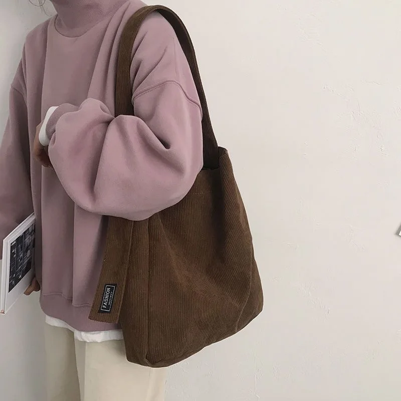 1Pc Canvas Bag, Vintage Corduroy Shoulder Bag, Large Capacity Student Class Bag, Versatile Crossbody Bag