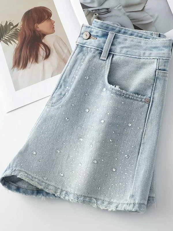 

Slimming Wide Leg Jeans Shorts High Waist Zipper Closure Casual Series Spring Wear Resistant Glitter Decorated Denim Shorts