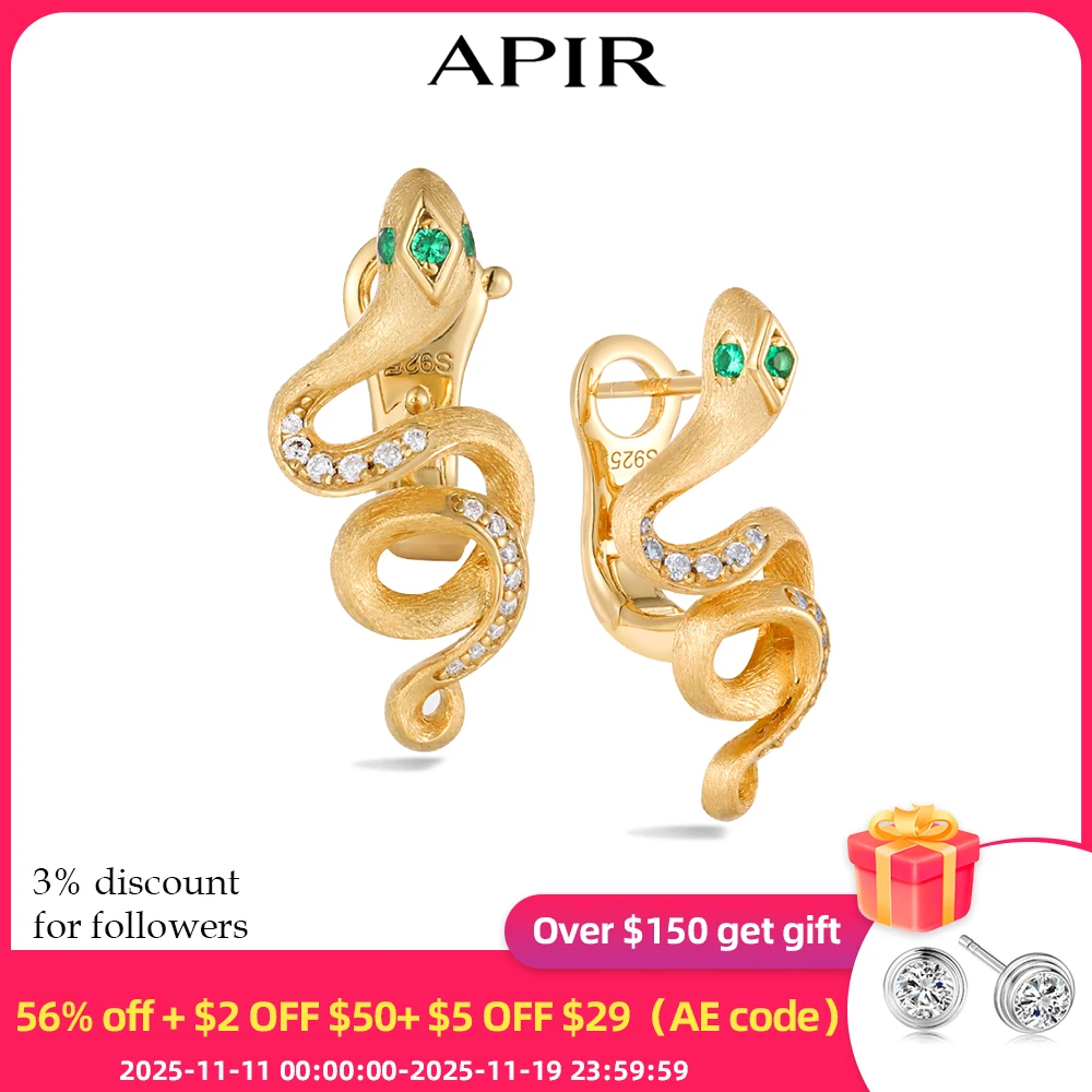 

APIR позолоченные изумруды в форме змеи, серьги-гвоздики из моссанита для женщин, матовая отделка, серьги-подвески в стиле ретро, банкетные украшения